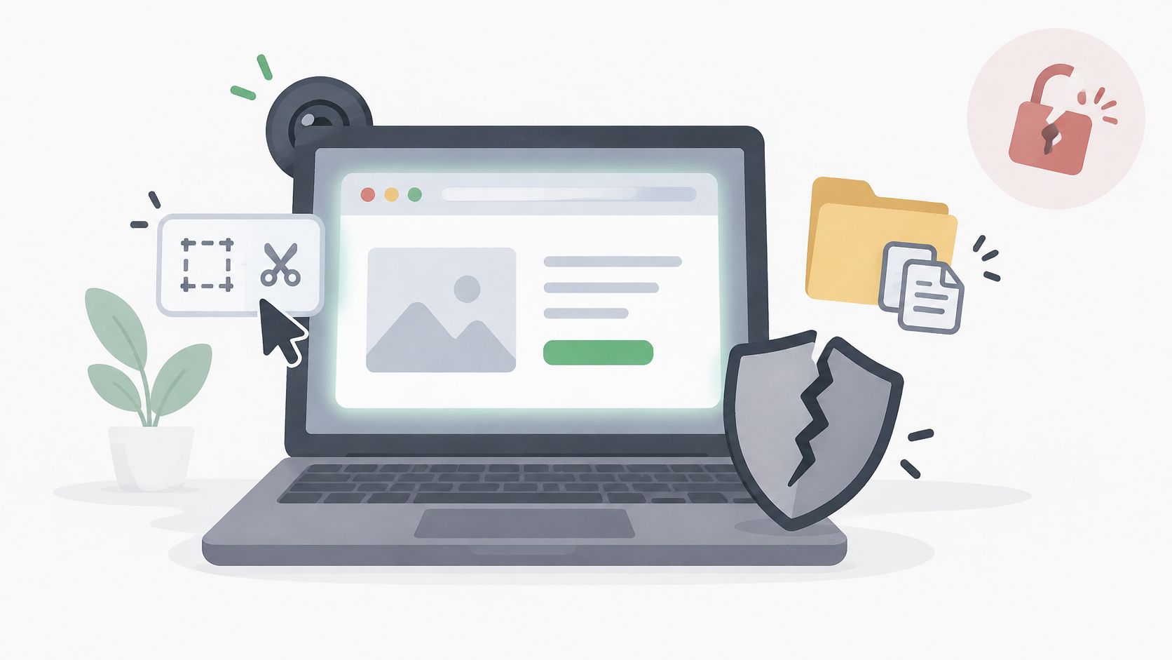 A digital illustration showing a laptop with a broken security shield, unlocked padlock, and file icons representing privacy concerns.