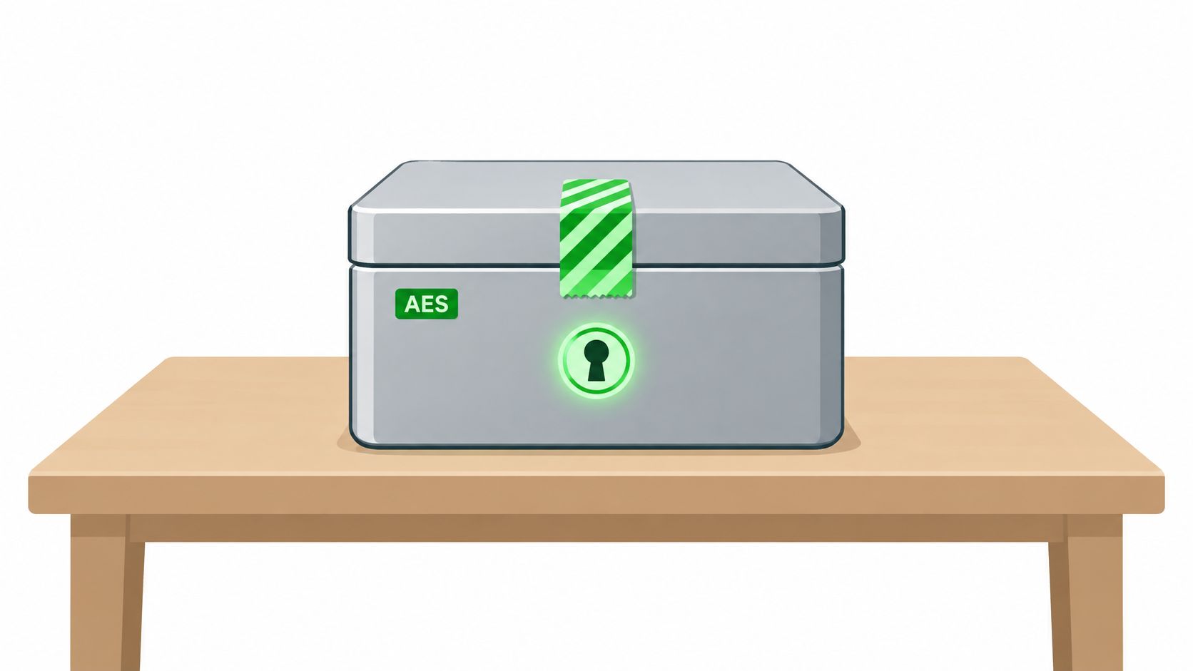 A silver metal box with an AES lock icon on a wooden table, representing encrypted data security.