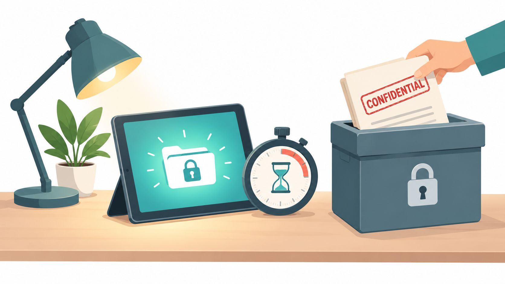 A hand placing a confidential document into a locked box next to a tablet and a timer.