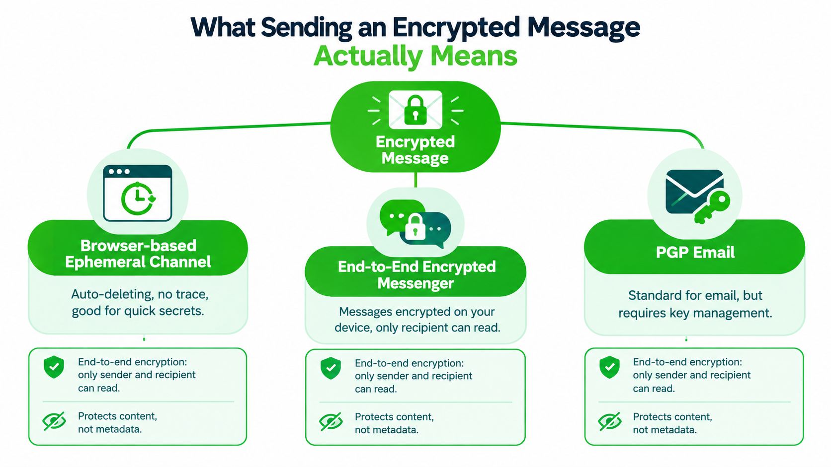 A diagram illustrating the three types of encrypted messaging: browser-based ephemeral channels, end-to-end encrypted messengers, and PGP email.