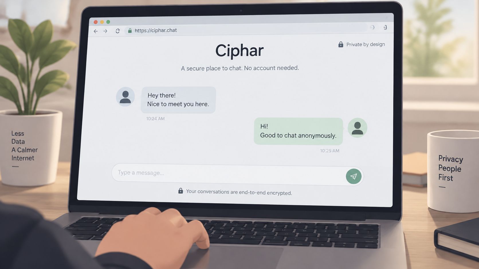 A person using a laptop to securely chat on the anonymous messaging website Ciphar.chat in a home office.