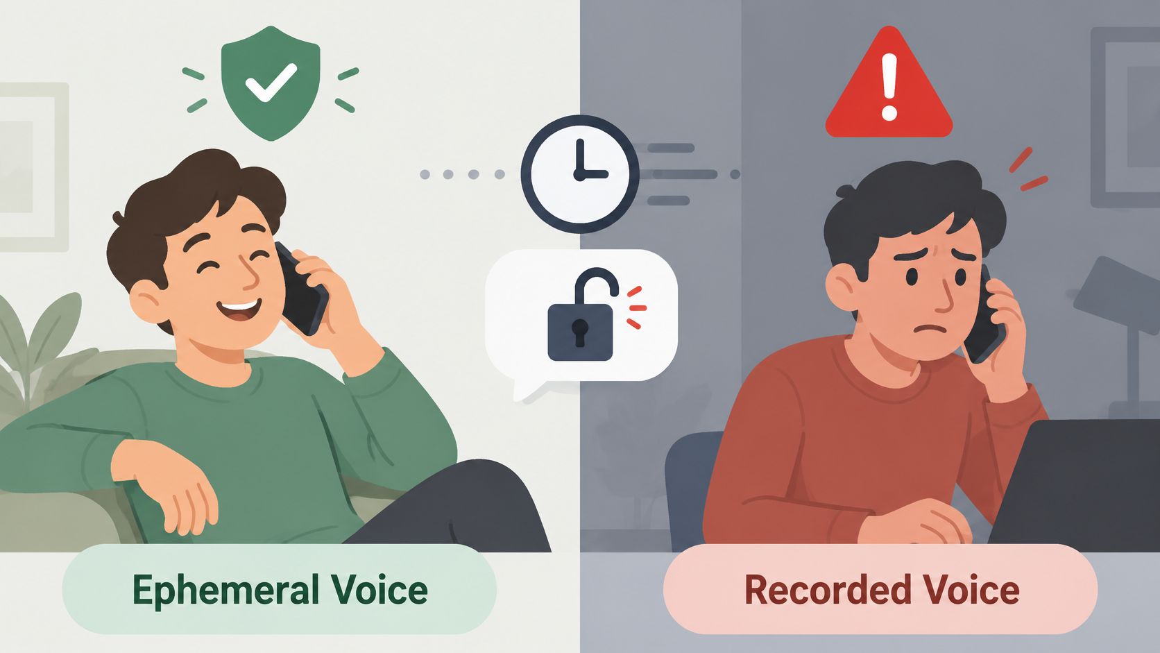 An illustration comparing ephemeral voice messaging, which is secure, versus recorded voice messages that risk privacy.