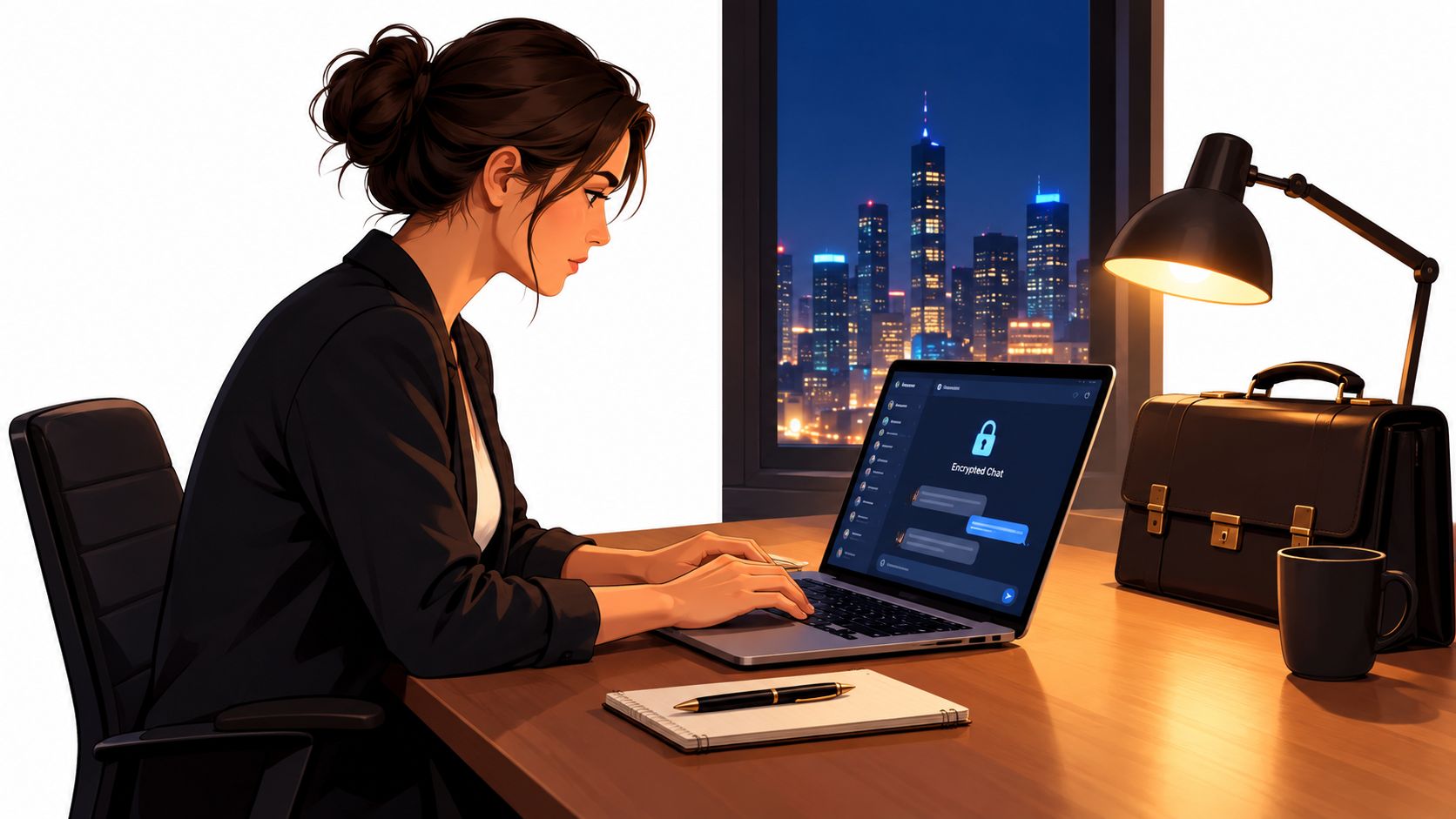 A professional woman working on an encrypted chat application on her laptop at night in a city office.