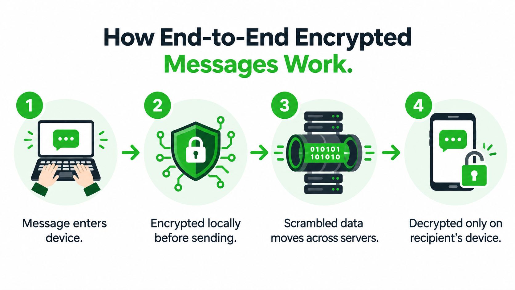 A four-step infographic illustrating how end-to-end encrypted messaging works from sender to receiver.