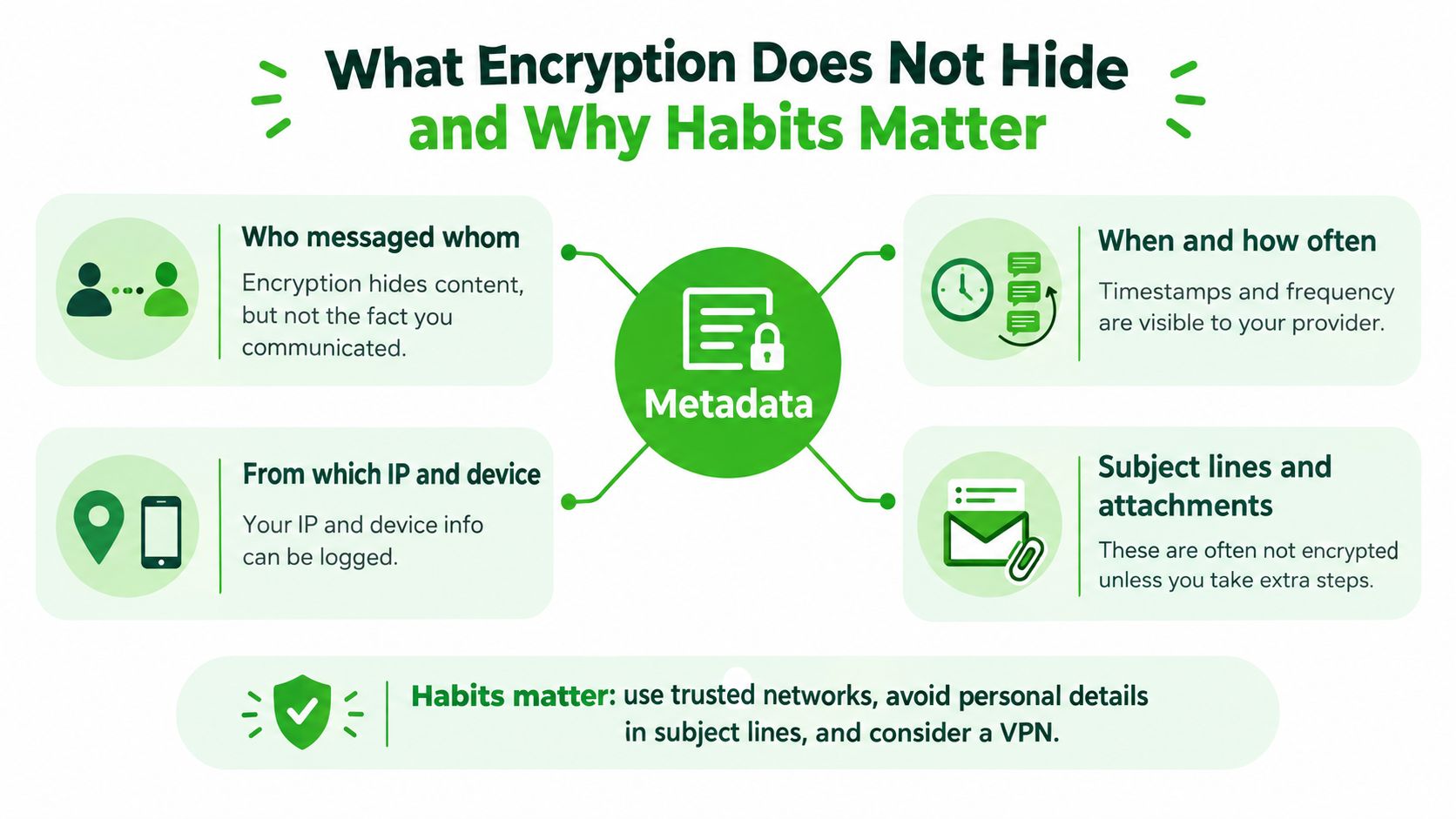 An infographic showing that encryption hides message content but exposes metadata like timestamps, IP addresses, and attachments.