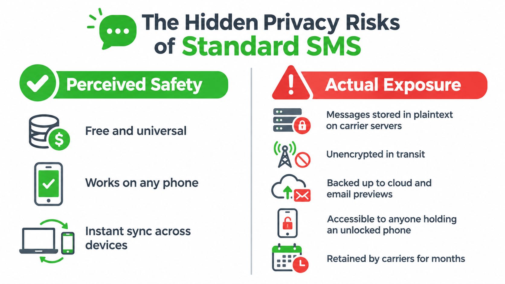 An infographic comparing perceived safety and actual privacy risks of using standard SMS text messaging.