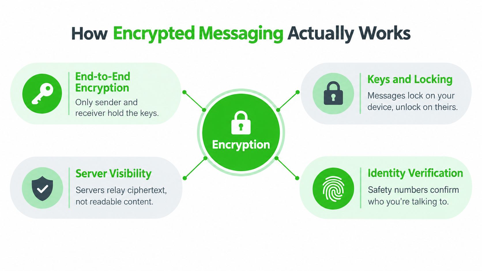 A diagram illustrating how end-to-end encrypted messaging works through key locking, server visibility, and identity verification.
