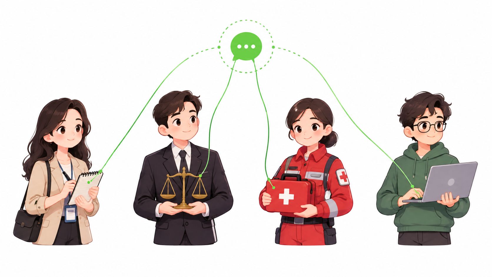 A digital illustration showing four professionals connected to a central chat icon representing collaborative communication.
