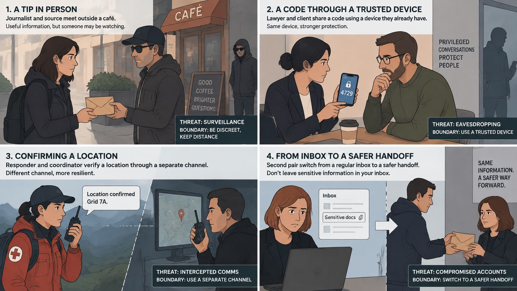 A four-part illustration demonstrating secure, out-of-band communication strategies for protecting sensitive information in professional settings.