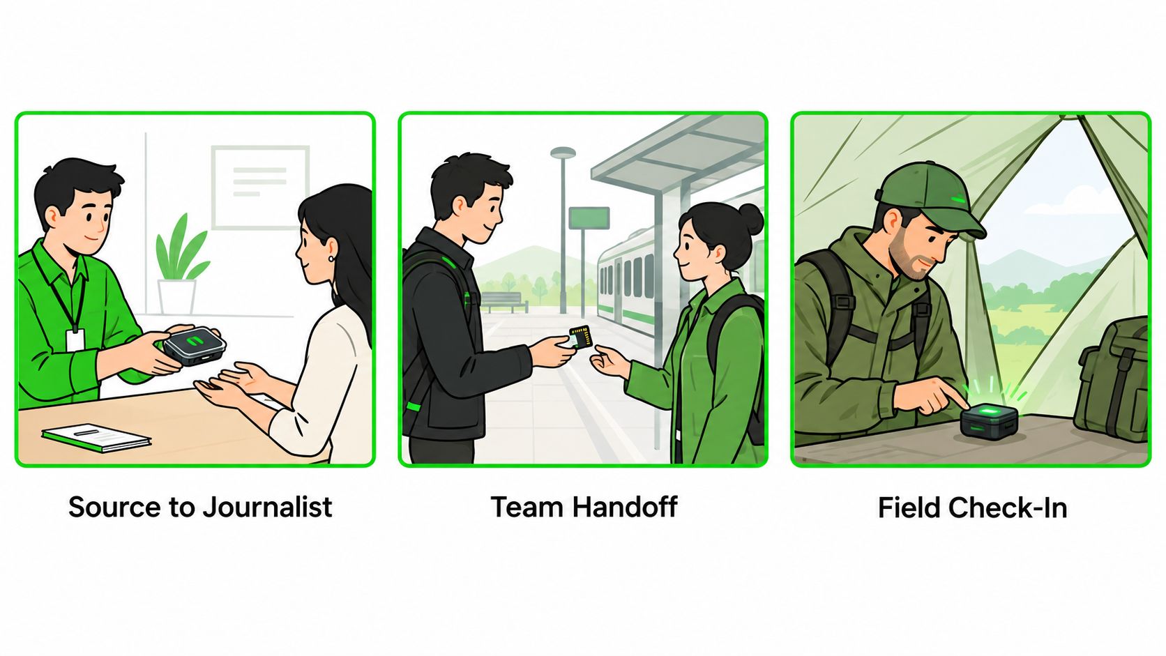 Three illustrations showing secure communication devices used for source transfer, team handoffs, and remote field check-ins.