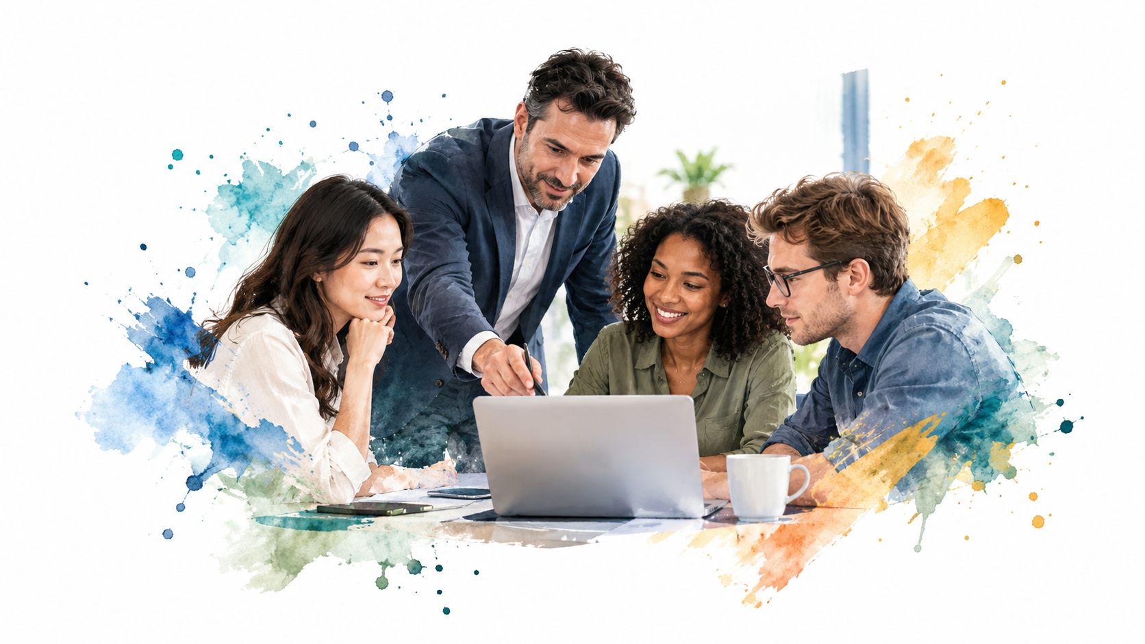 A professional team reviewing data together on a laptop during a collaborative business meeting at work.