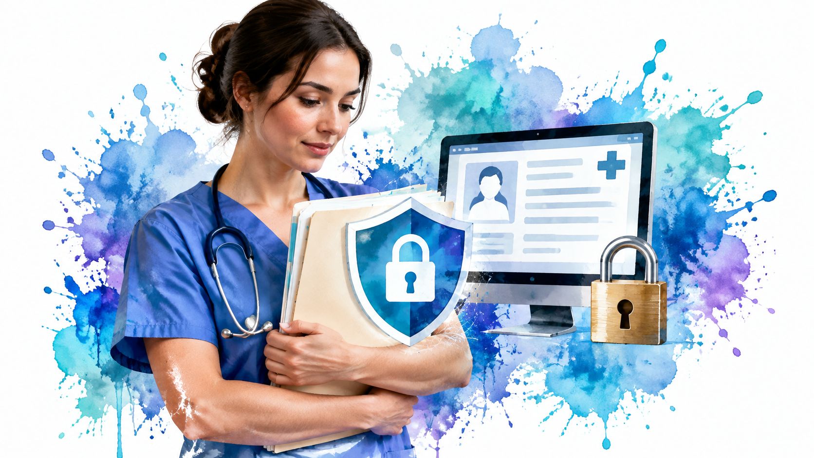 A female nurse holding patient records with a digital security shield and padlock representing healthcare data protection.
