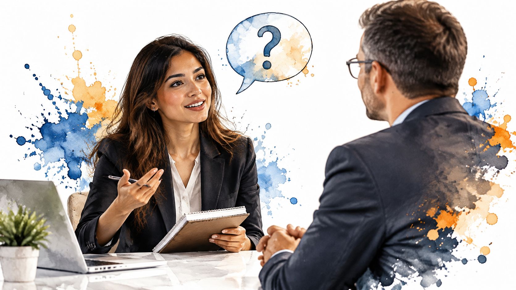 A professional woman in a business suit conducting an interview with a man in an office setting.