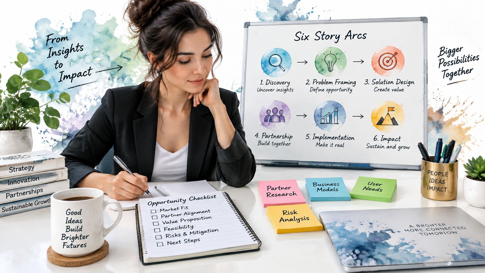 A professional woman writing in an opportunity checklist notebook in a creative and organized office workspace.