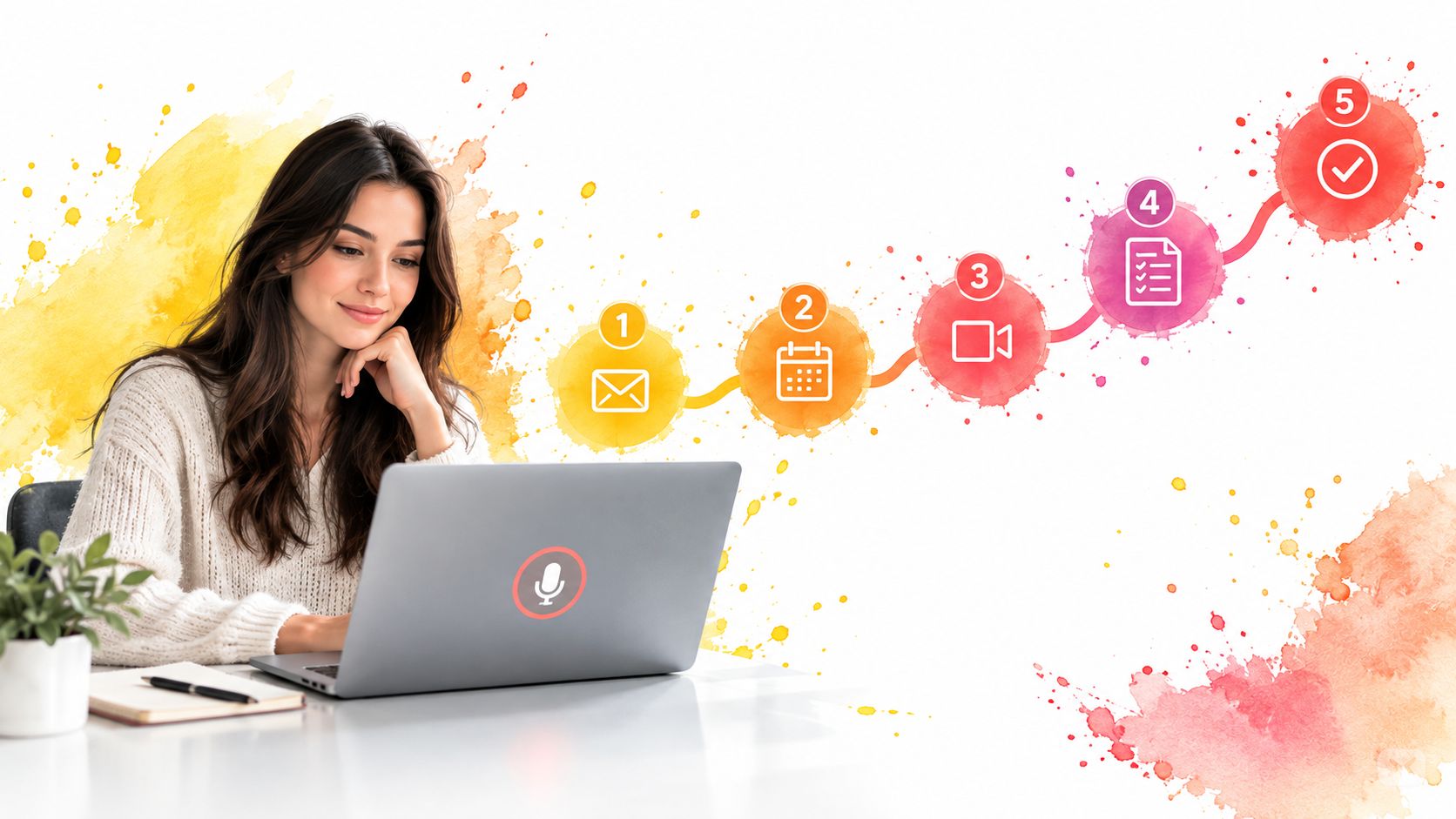 A woman smiling at her laptop with a five-step professional process infographic floating in the air.