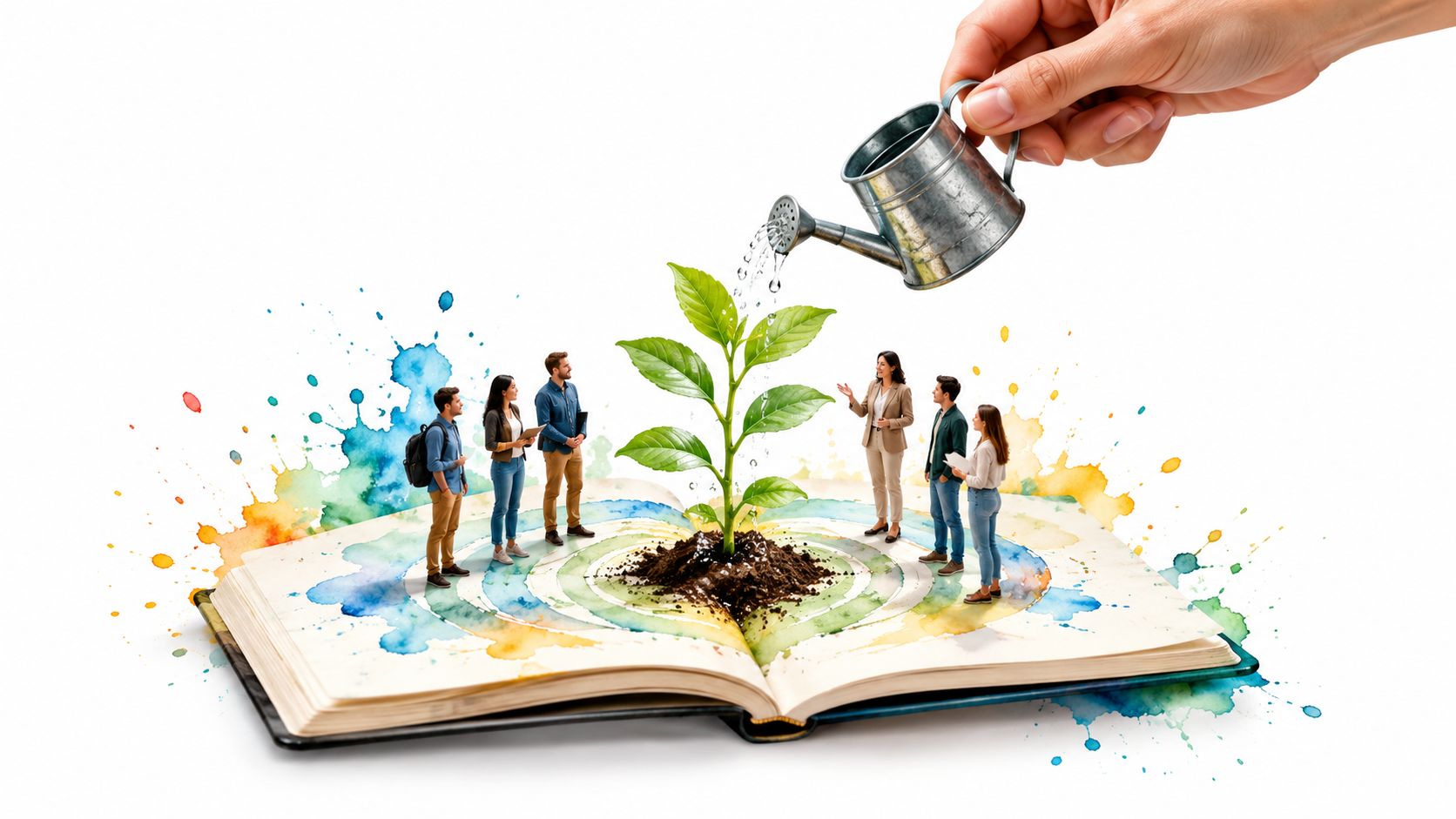 A hand holding a watering can waters a small plant growing from an open book with people