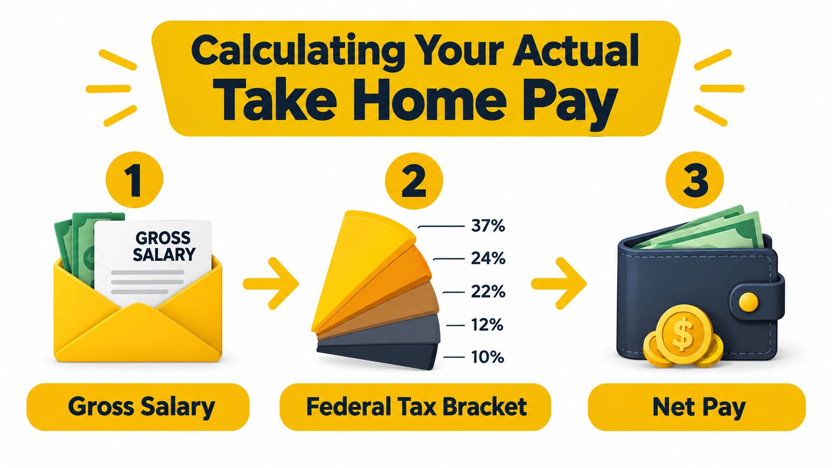A diagram illustrating the three-step process to calculate take-home pay from gross salary using tax brackets.