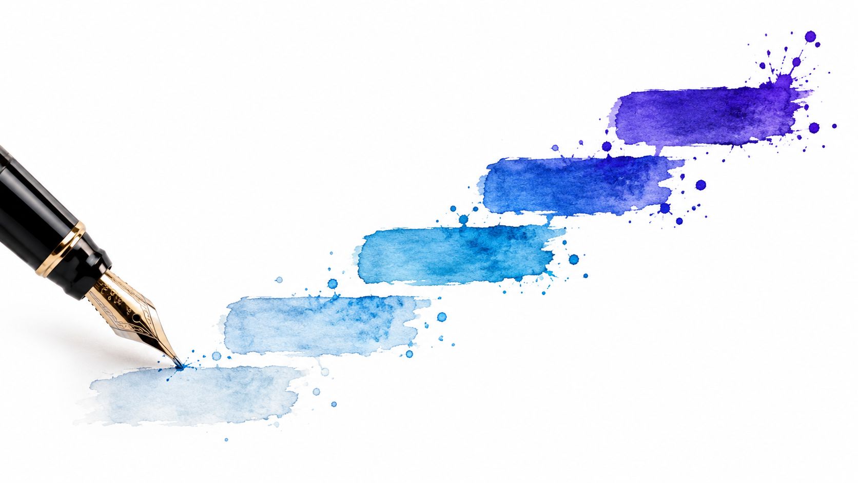 A fountain pen drawing a series of blue watercolor brush strokes shaped like a rising stair ladder.