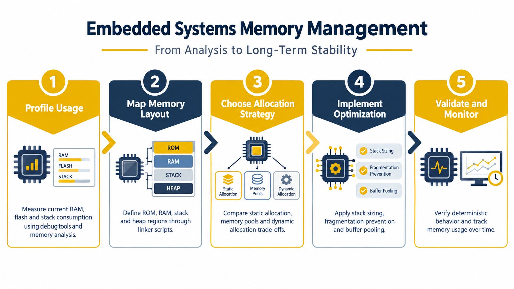 A five-step flowchart illustrating the memory management process for embedded systems from analysis to long-term stability.