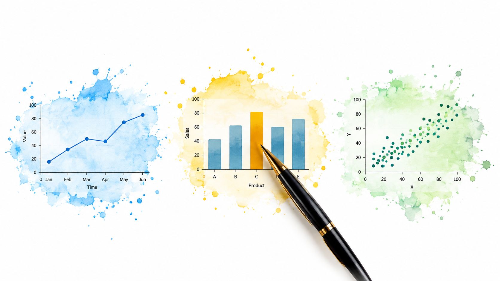 A pen lying on paper with three watercolor splashes featuring a line chart, bar chart, and scatterplot.
