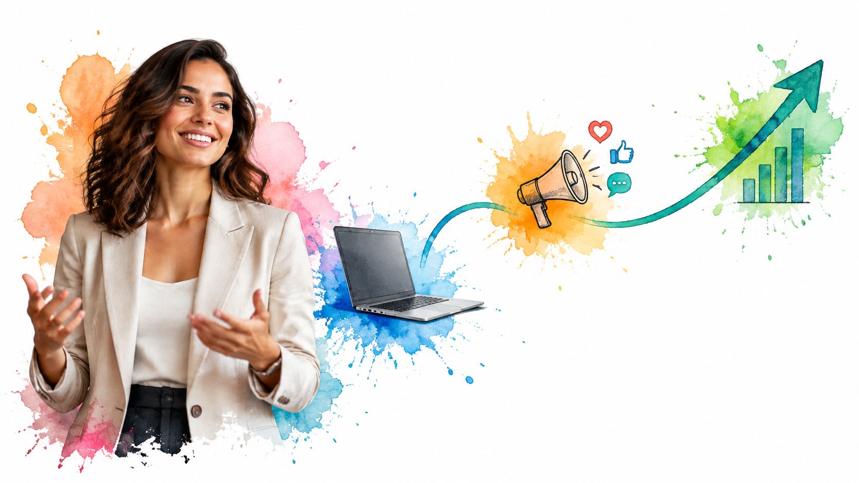 A professional woman gesturing beside a laptop with digital marketing graphics like a megaphone and rising chart.