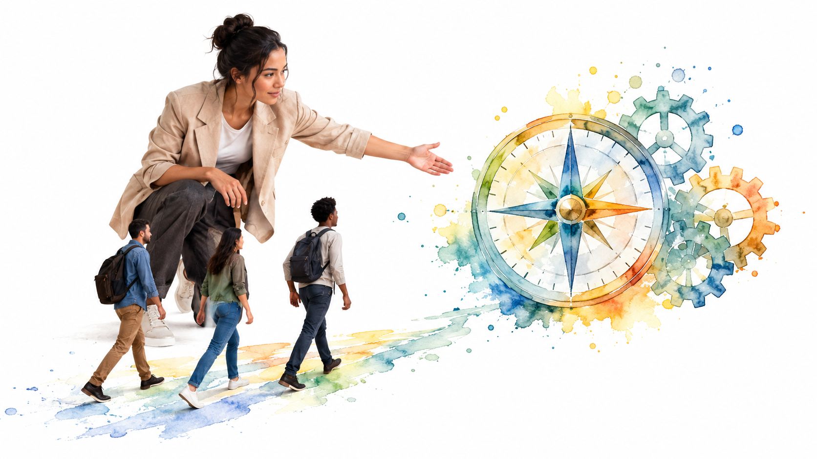 A professional mentor guides diverse students walking toward a large watercolor compass and gear illustration.