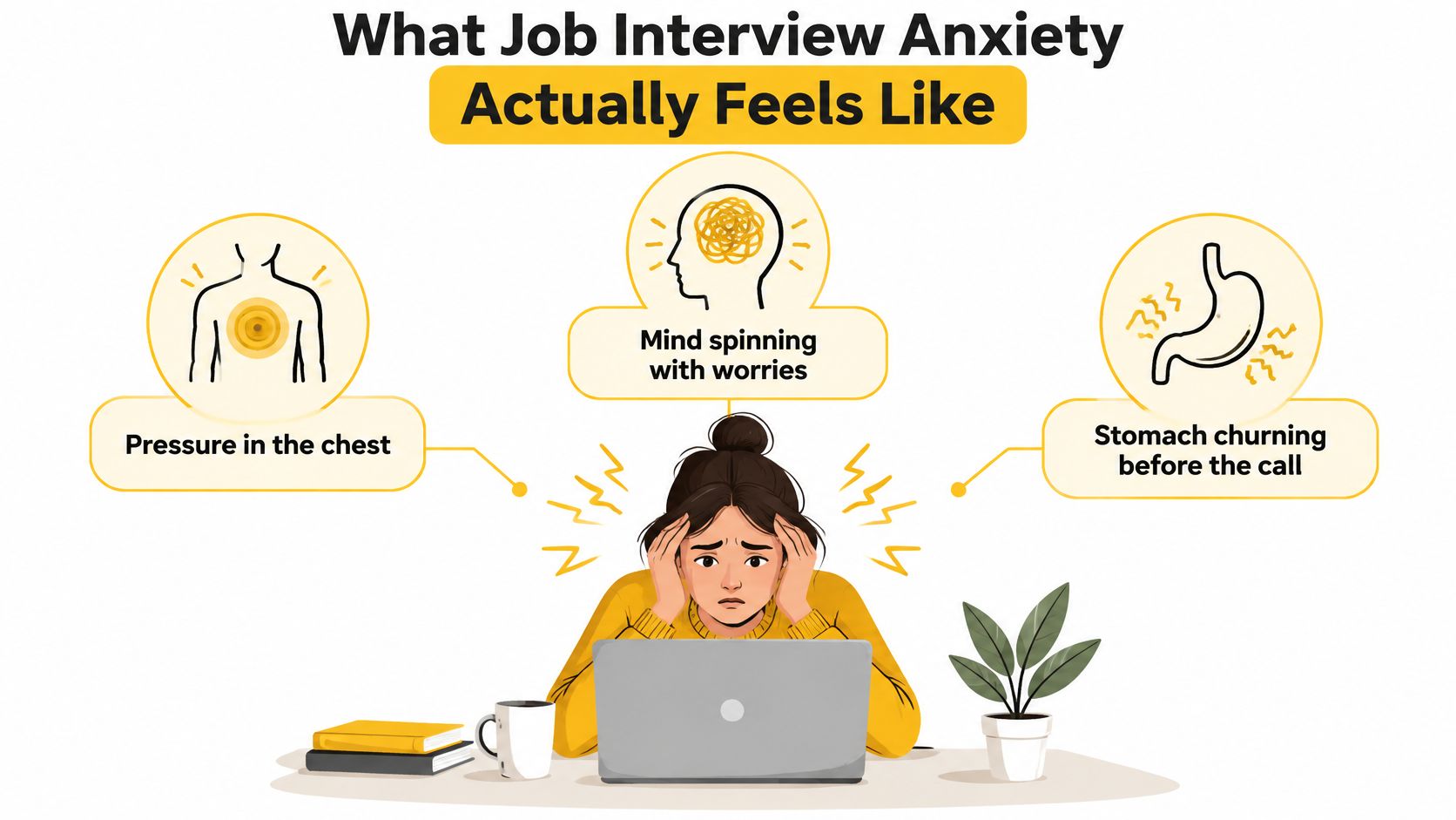 A woman sitting at a desk with a laptop experiencing symptoms of anxiety before a job interview.