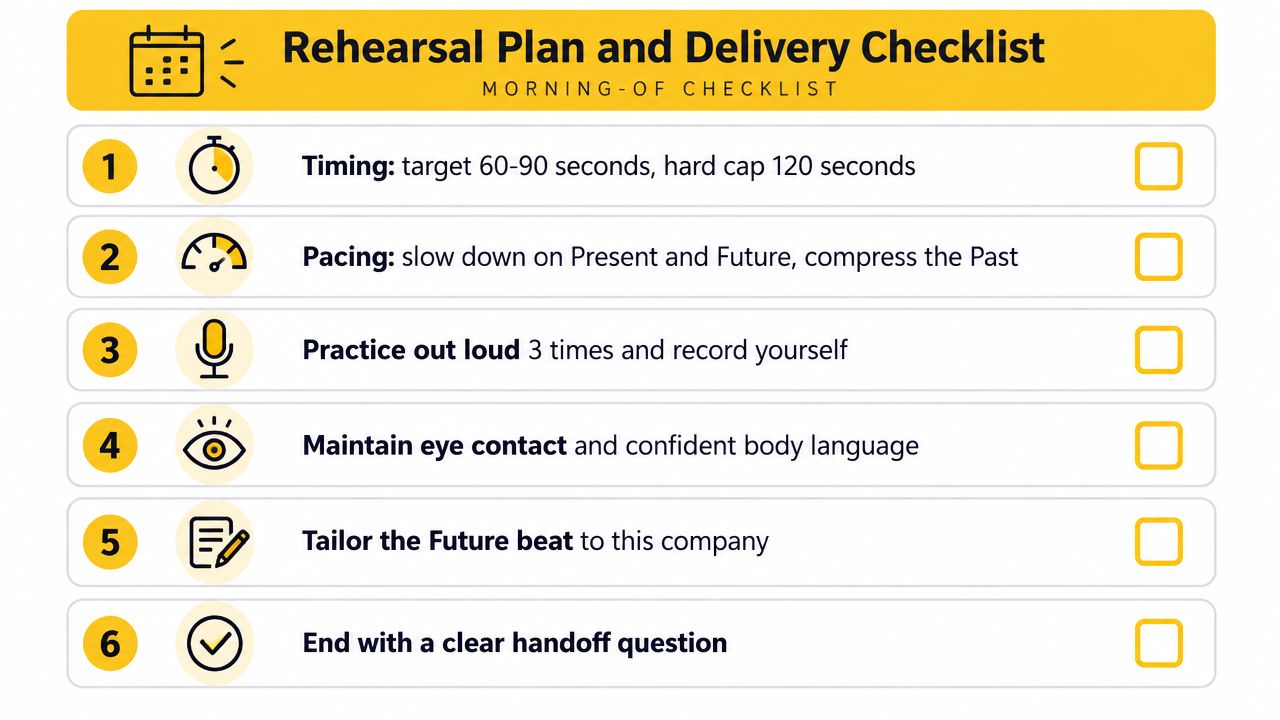 A six-point morning-of checklist for rehearsing and delivering an interview or presentation, focusing on timing and delivery techniques.