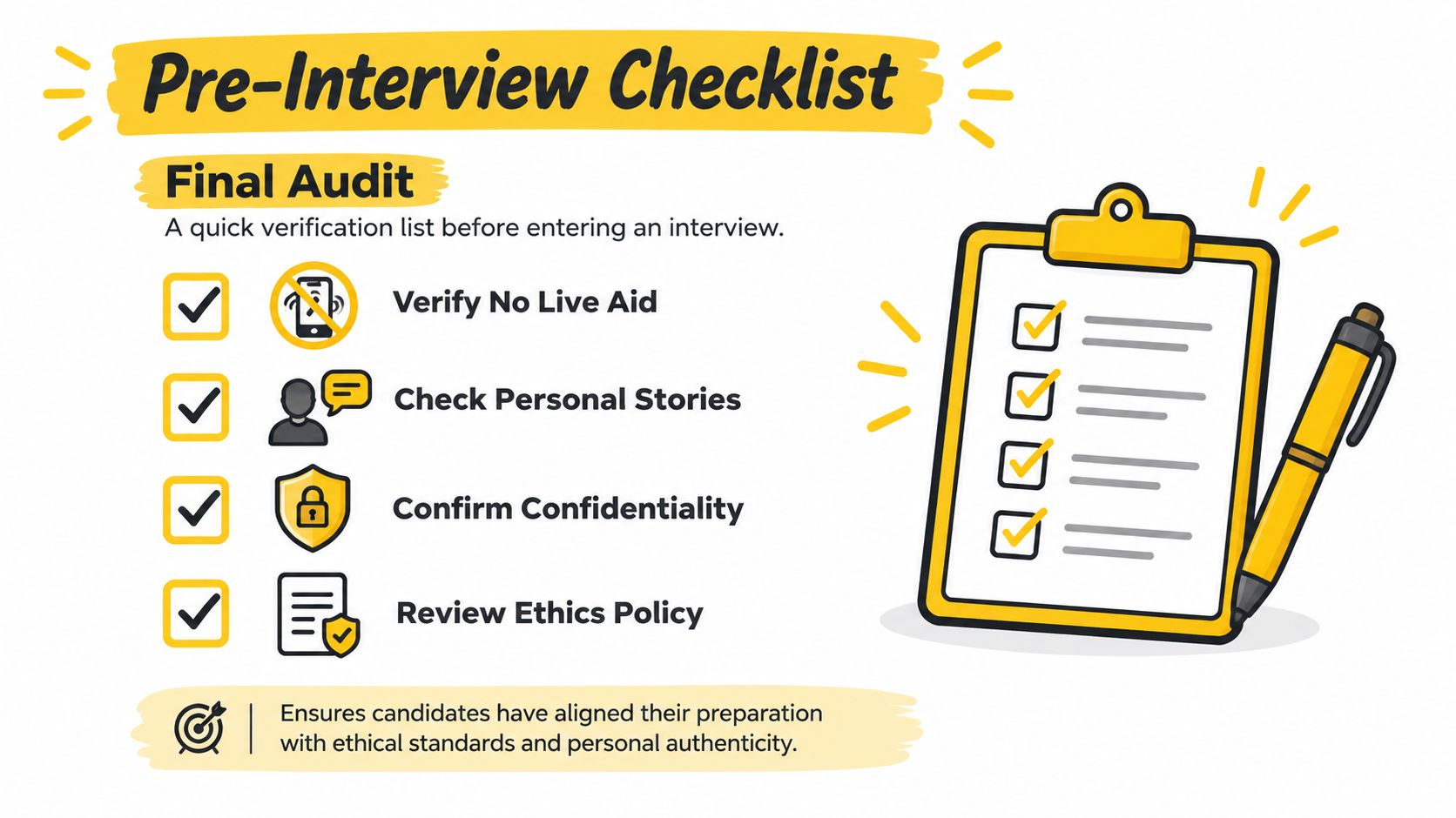 A pre-interview checklist graphic illustrating key steps like verifying no live aid, checking personal stories, and reviewing policies.
