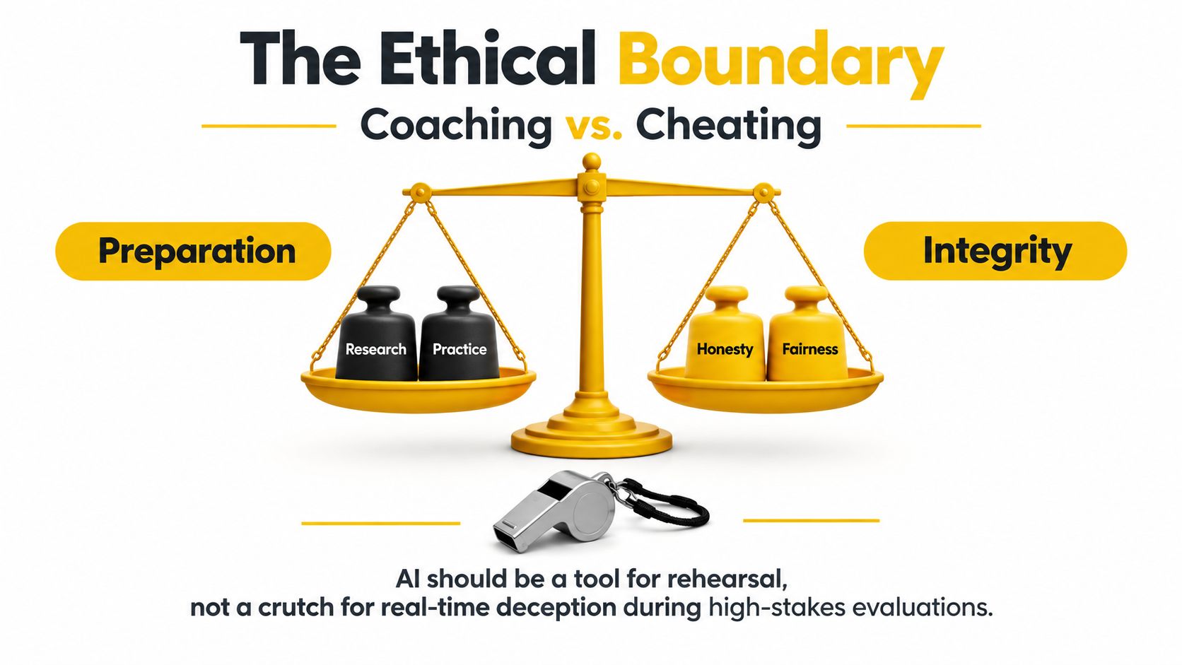 A graphic depicting a balance scale illustrating the ethical boundary between AI coaching and academic cheating.