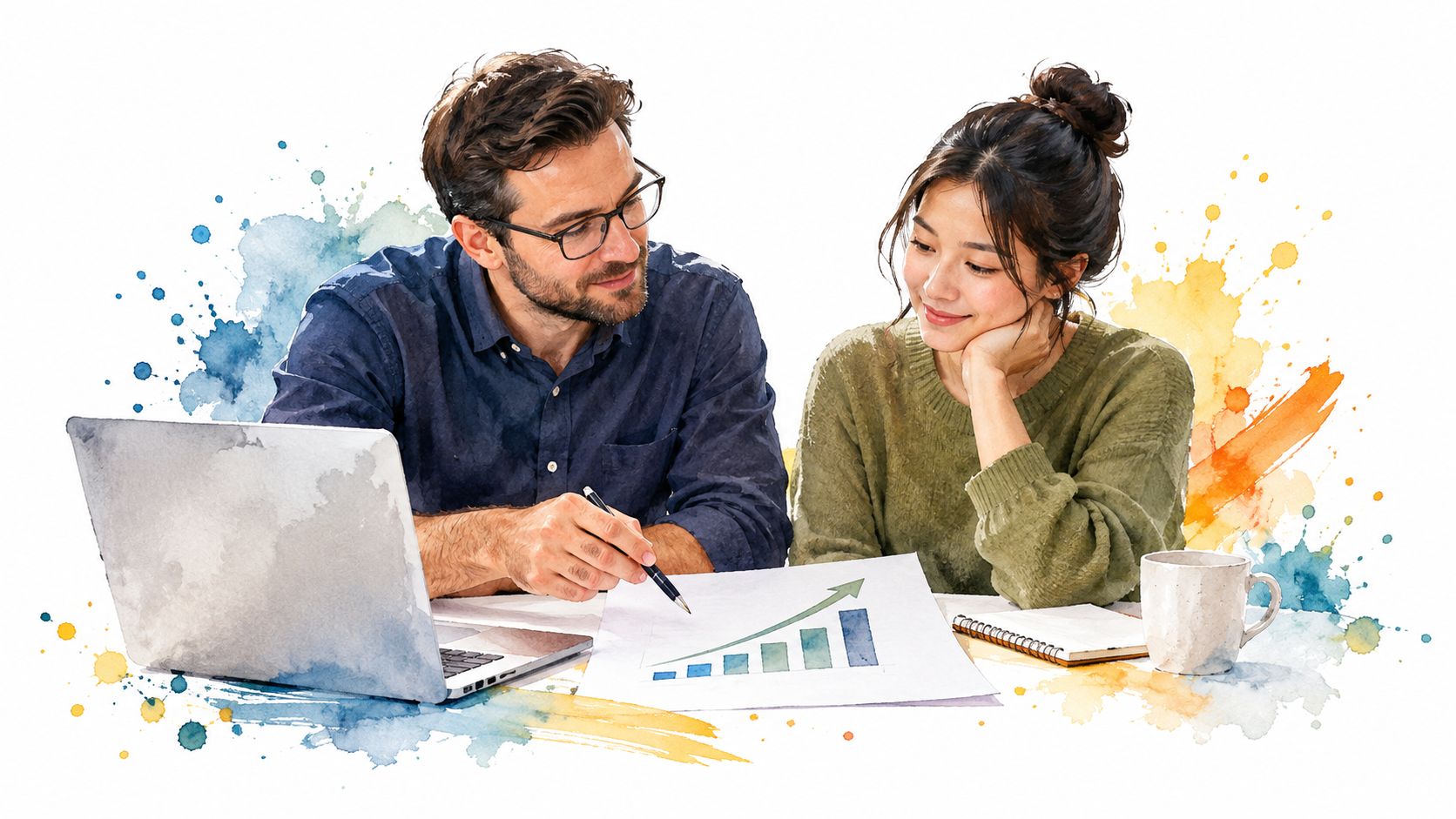 A professional man and woman reviewing business growth charts on a paper document in a modern office.