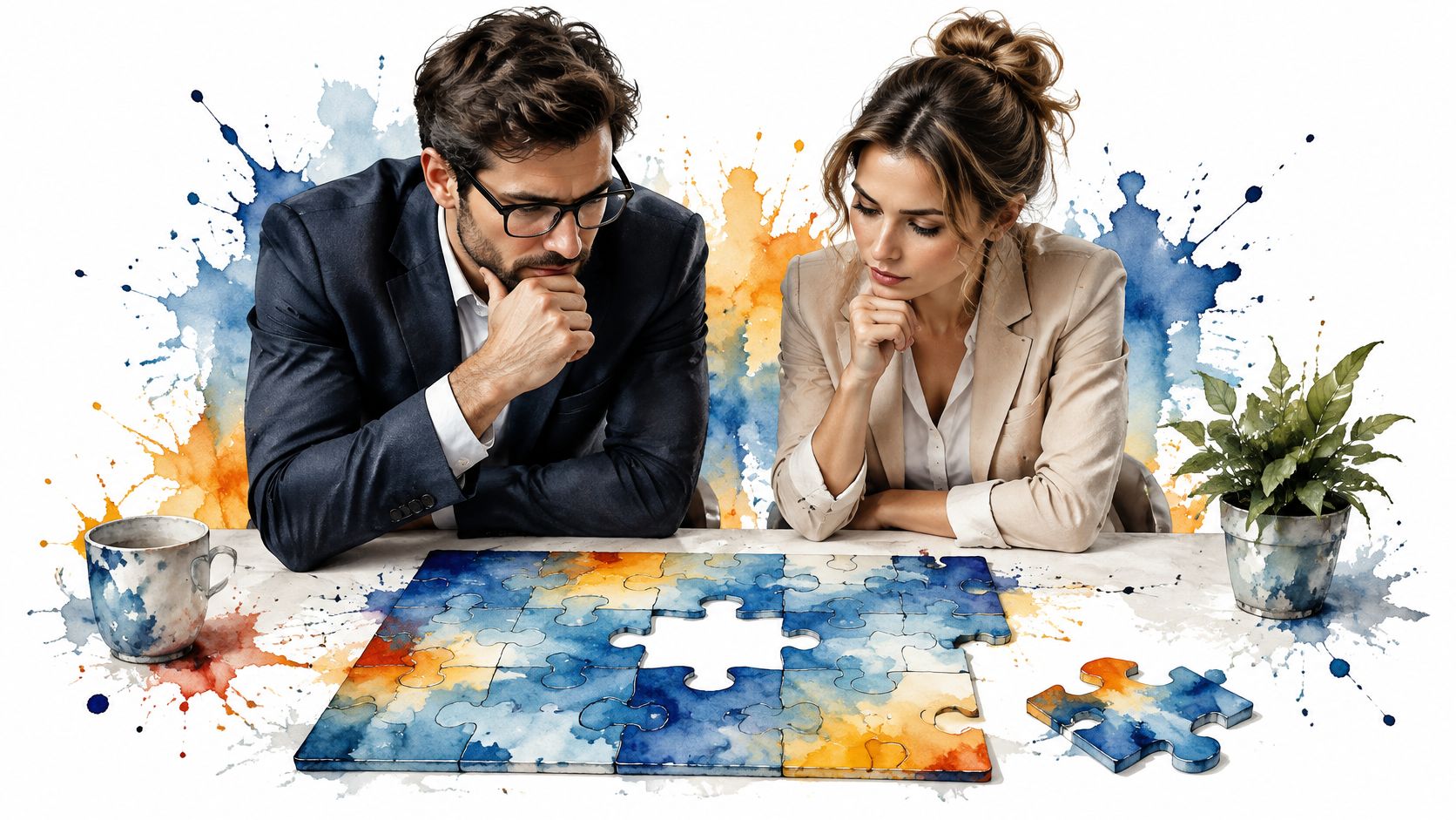 A professional man and woman in business attire contemplating a jigsaw puzzle on a desk with watercolor paint.