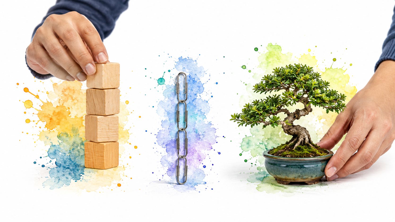 A person balancing wooden blocks and holding a bonsai tree, representing growth and structure concepts in AI.
