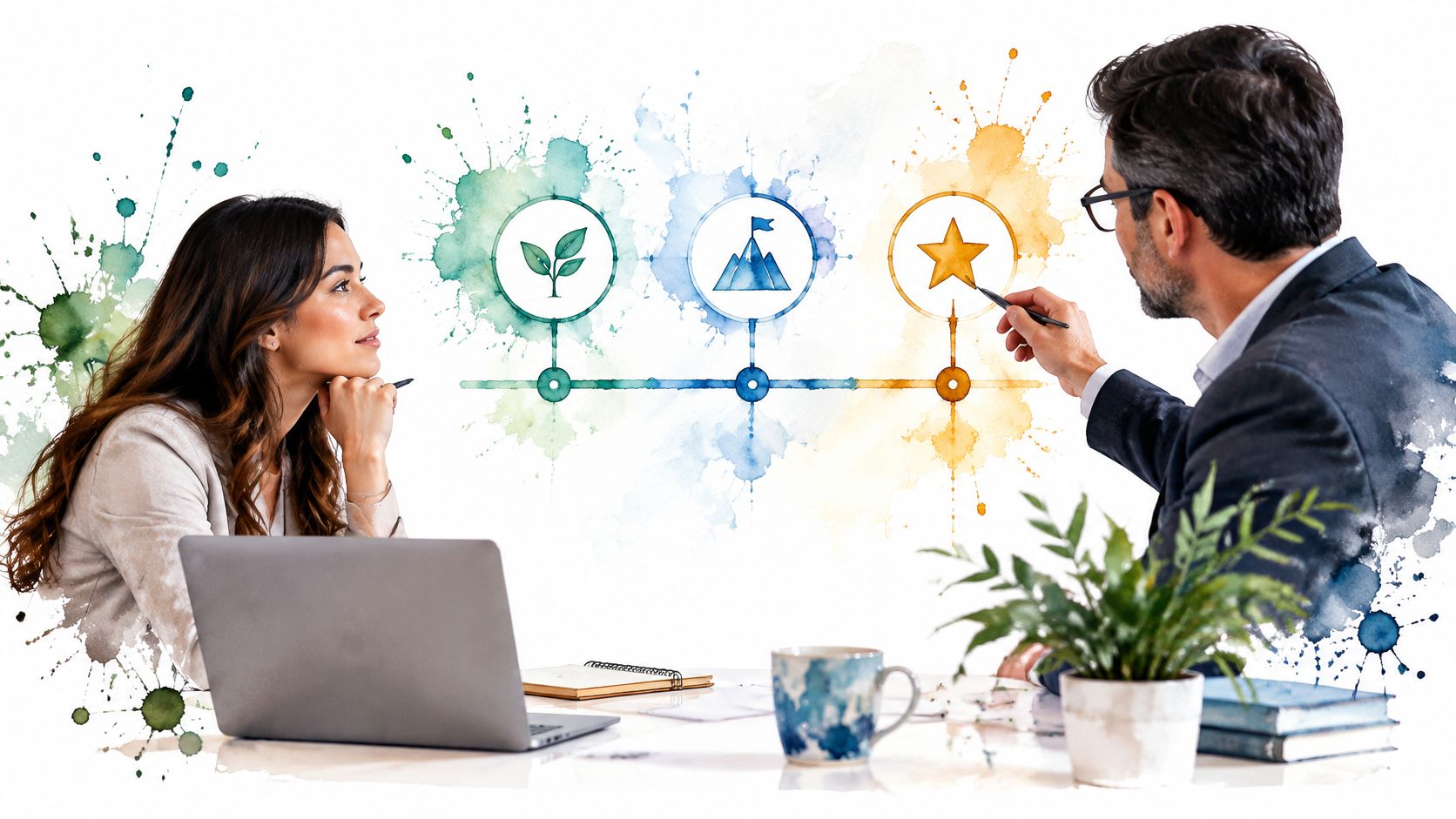 A professional man and woman discussing business strategy using a creative visual roadmap on a whiteboard.