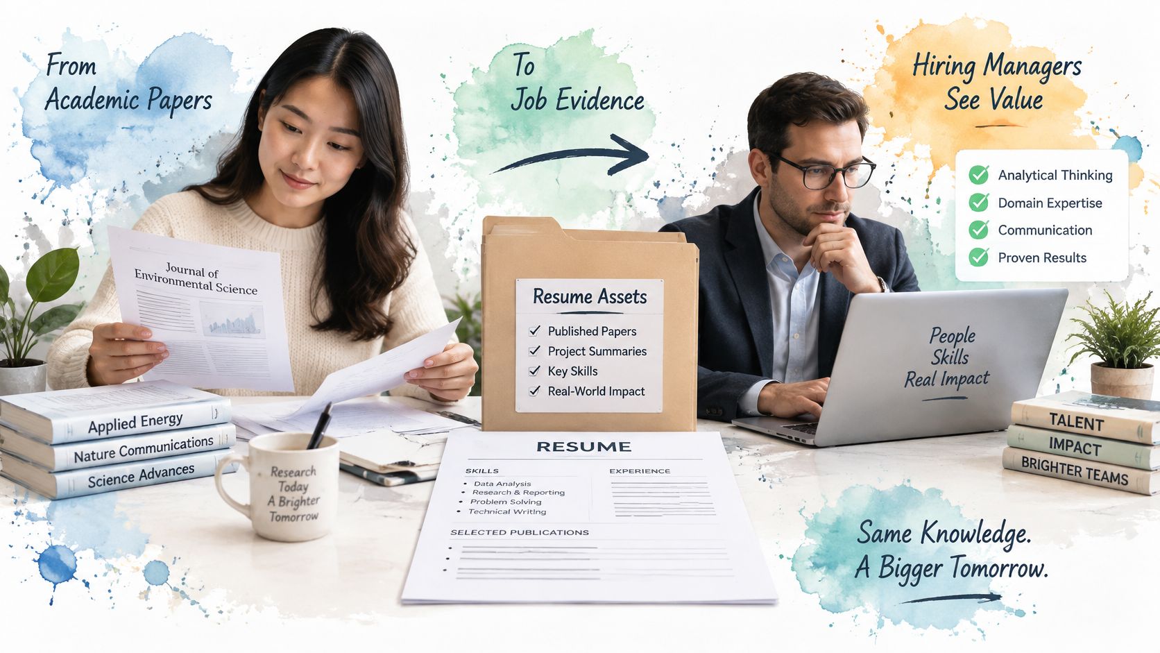 A professional desk setting showing the transition of academic research papers into job-winning resume assets for hiring managers.