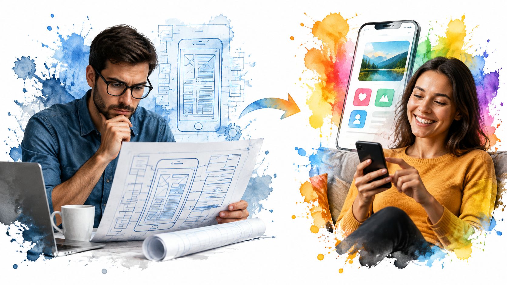 A professional developer reviewing mobile app blueprints next to a woman happily using a finished mobile application.