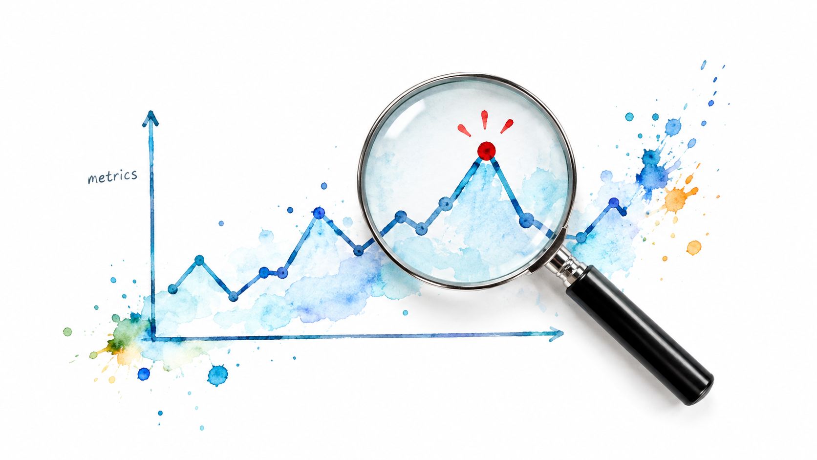 A magnifying glass focusing on the peak point of a watercolor line graph showing business metrics.