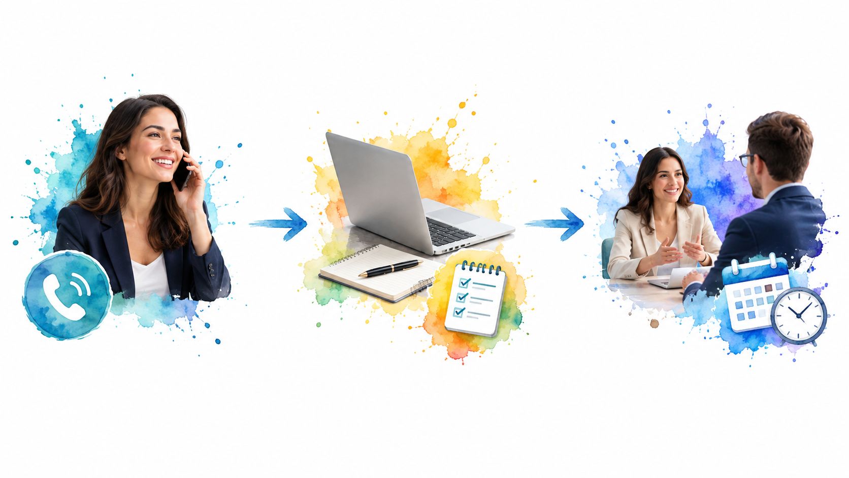 A conceptual diagram showing a professional progression from a phone call to planning and a final meeting.