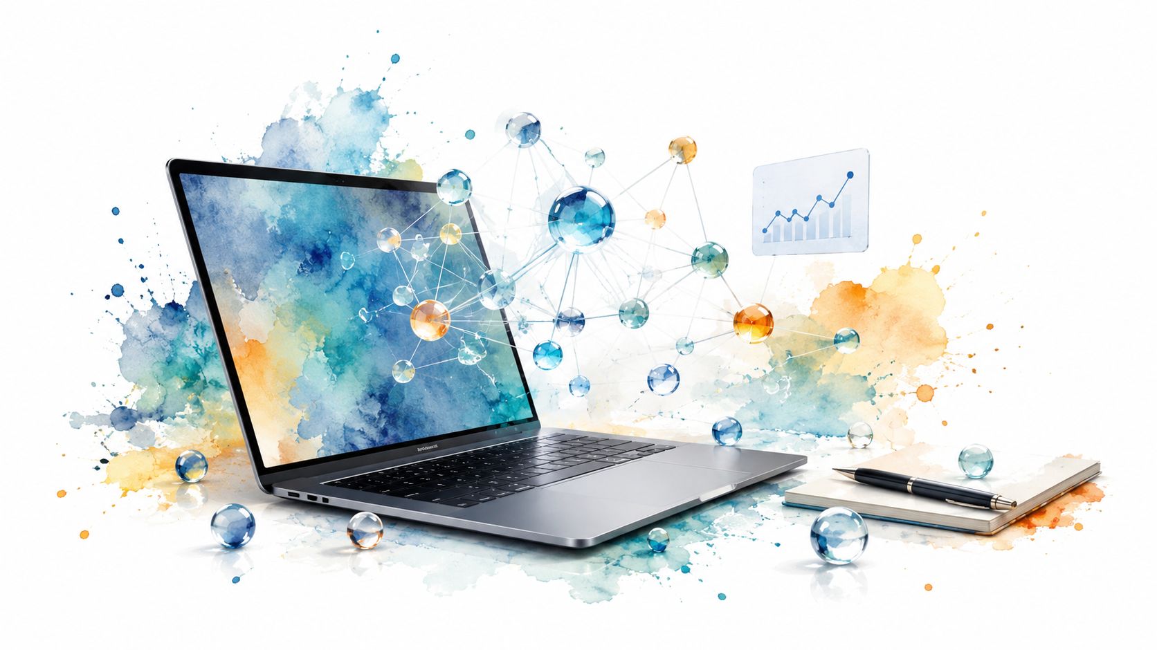 A modern laptop displaying a digital network graph and charts, surrounded by abstract watercolor splashes and spheres.