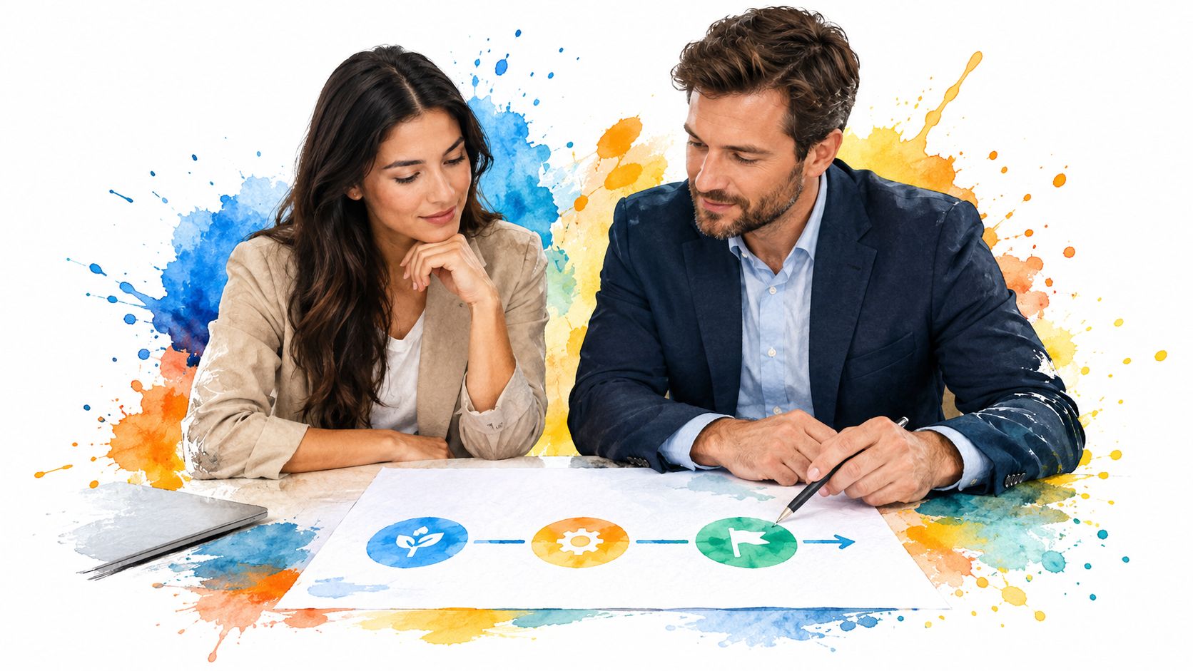 A professional man and woman collaborating on a strategic business process plan on a white table.