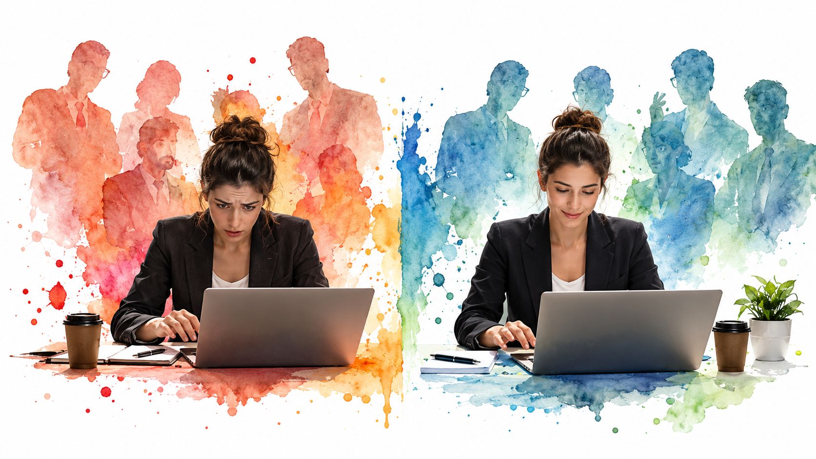 A conceptual illustration showing two businesswomen working on laptops, contrasting stress and productivity levels.