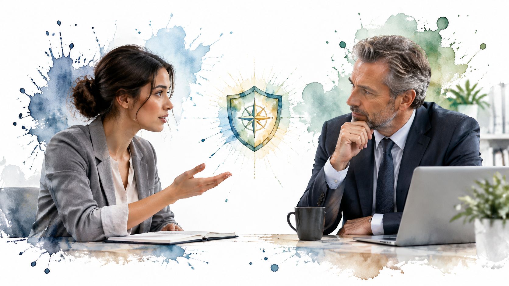 A professional woman and a businessman having a serious discussion with a compass shield icon between them.
