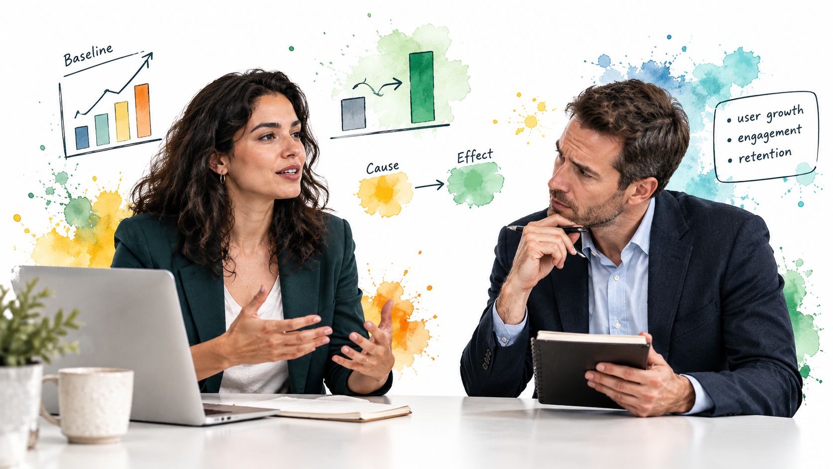 A professional man and woman discussing business strategy while sitting at a desk with growth charts.