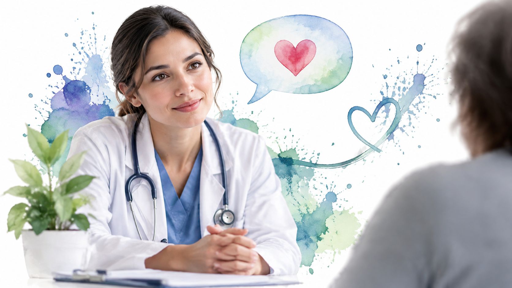 A friendly female doctor with a stethoscope sits at a desk during a consultation with a patient.