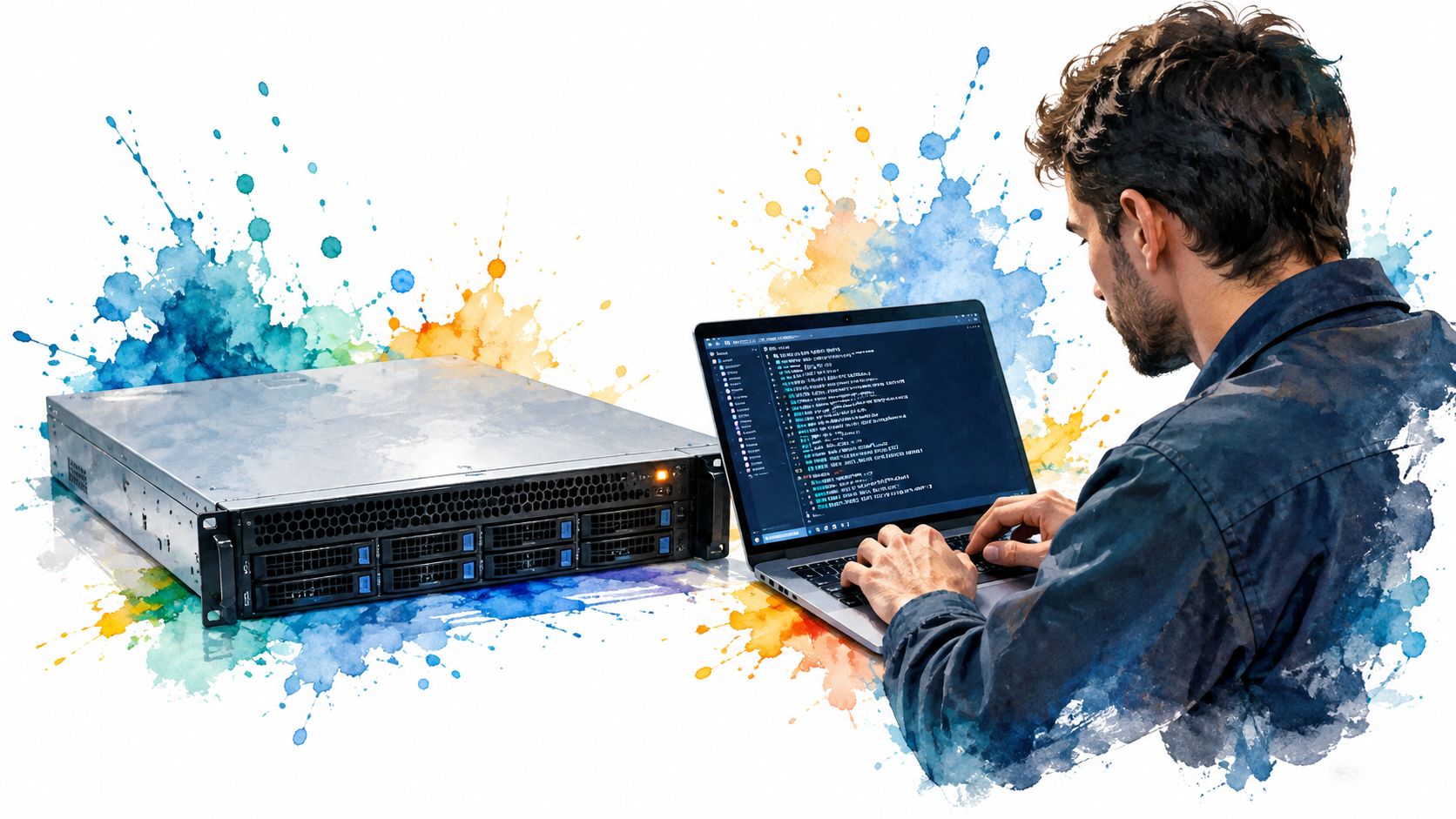 A systems administrator sits at a desk, typing on a laptop while managing a rackmount server unit.