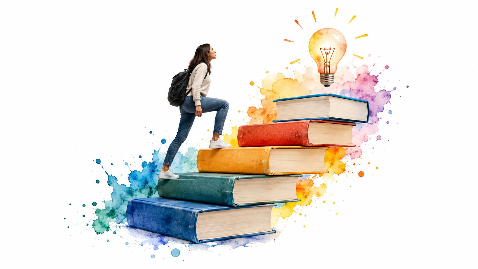 A student climbing a staircase made of colorful books towards a glowing lightbulb idea symbol.