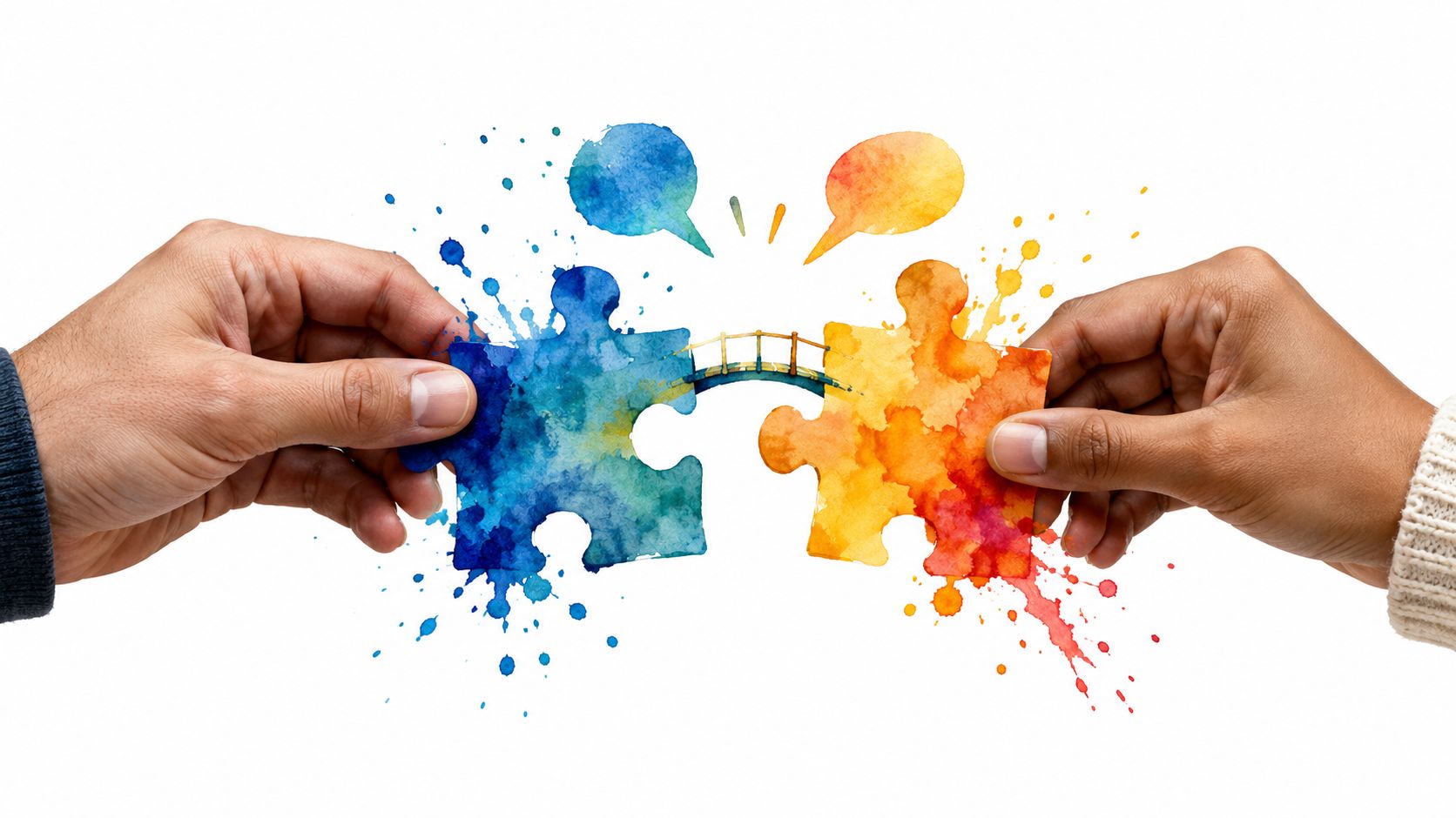 Two hands holding blue and orange watercolor puzzle pieces connected by a small bridge with speech bubbles.