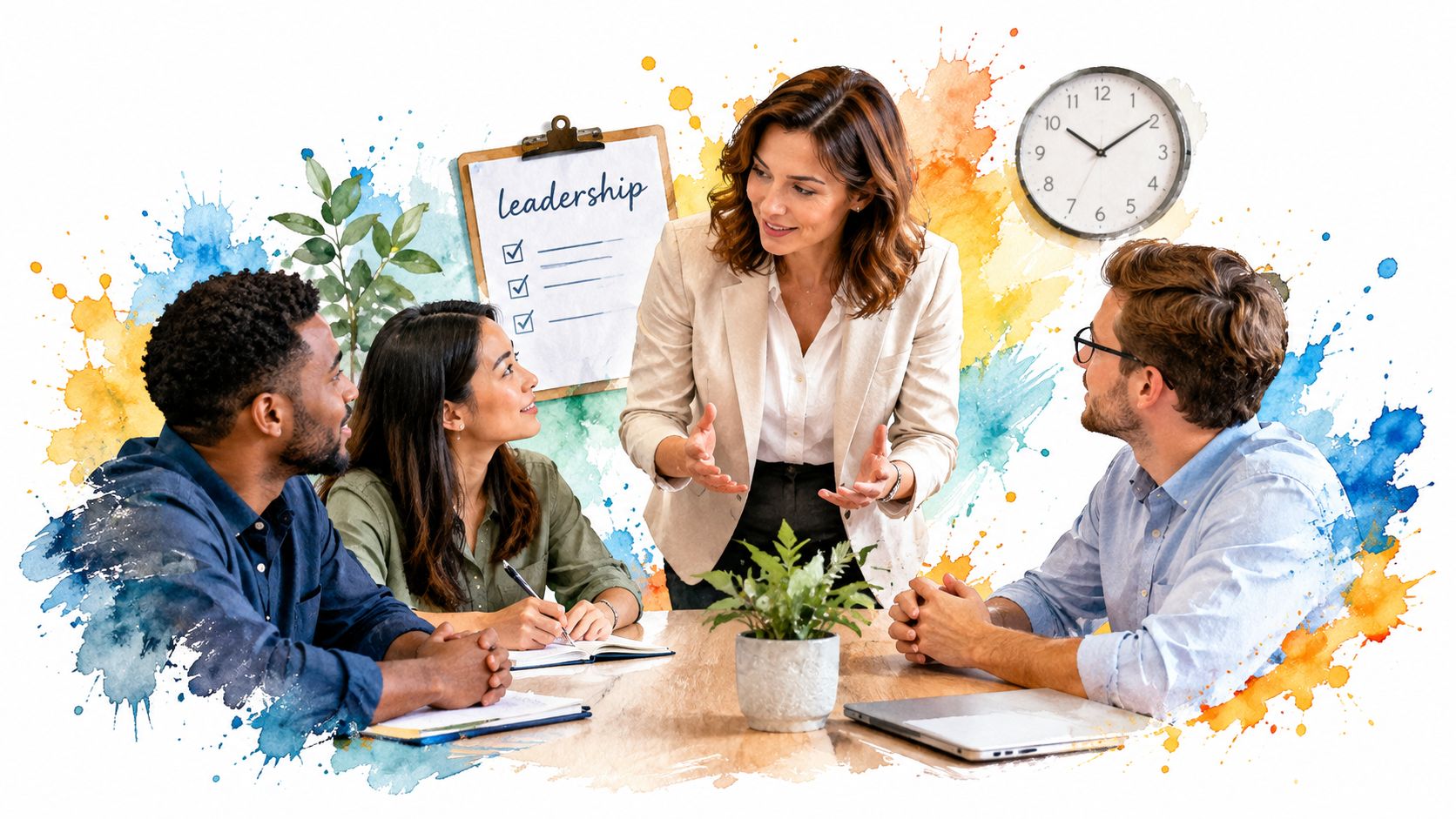A professional manager leading a business strategy meeting with her diverse team in a bright office.