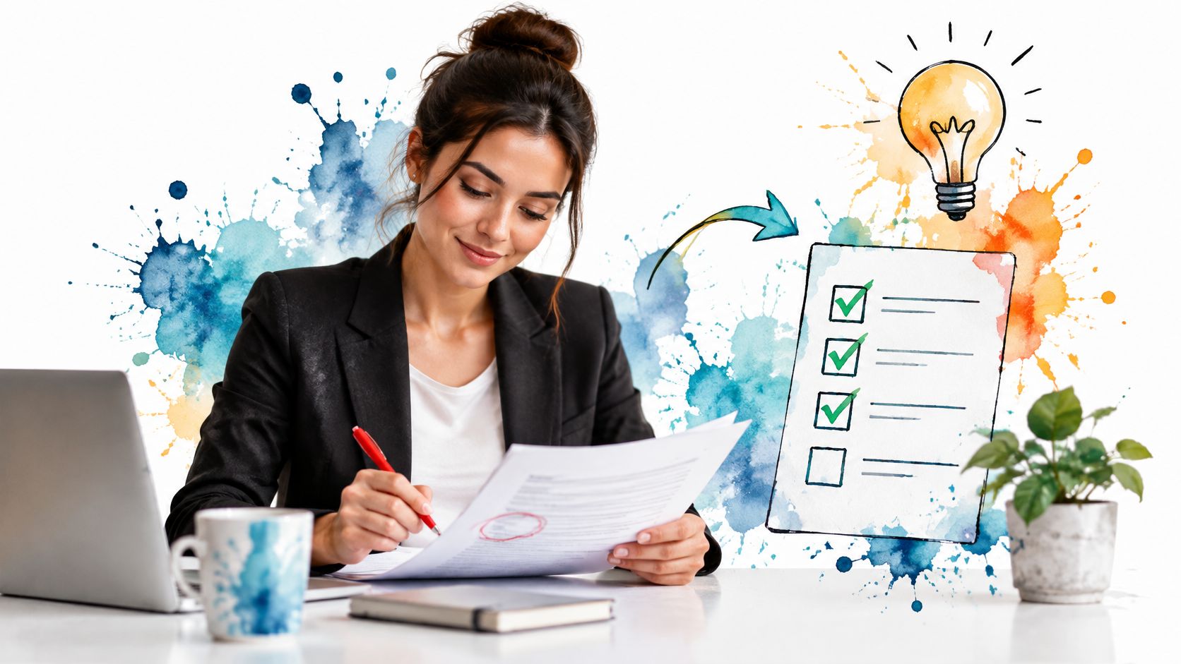 A professional woman in a business suit reviewing documents with a creative lightbulb and checklist graphic.