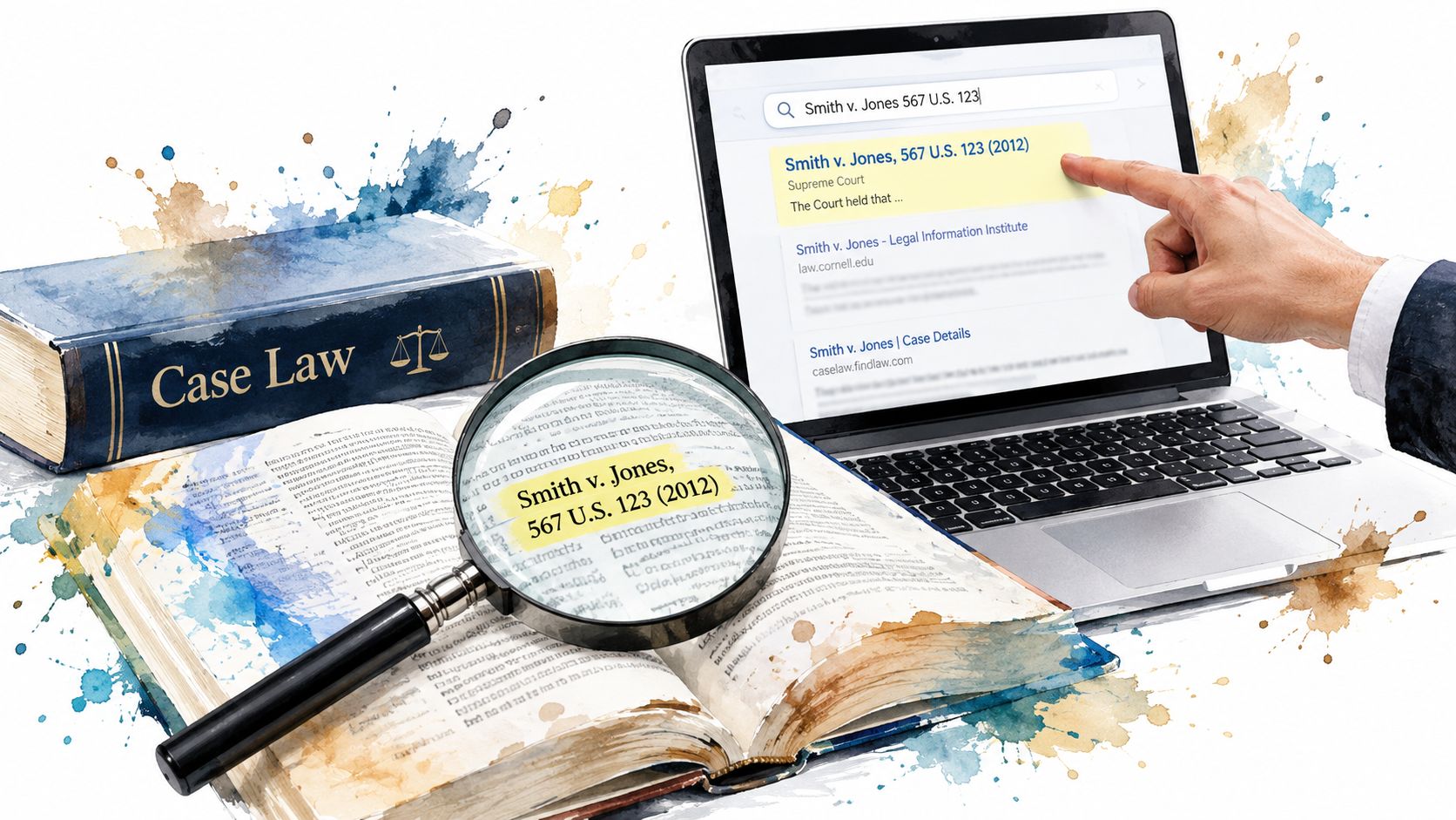 A hand pointing to a laptop screen displaying law search results next to a physical law book.